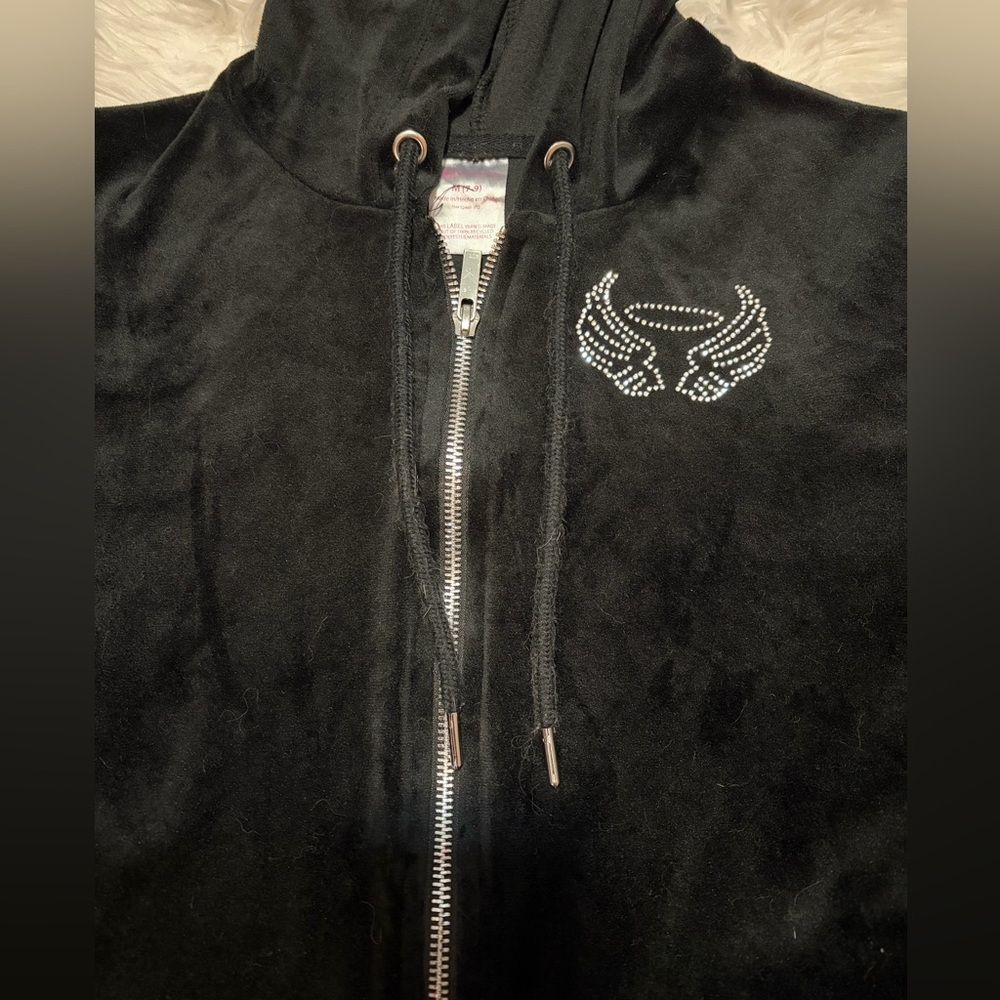 Black Velour Zip-Up Hoodie with Rhinestone Wings - Picture 3 of 3